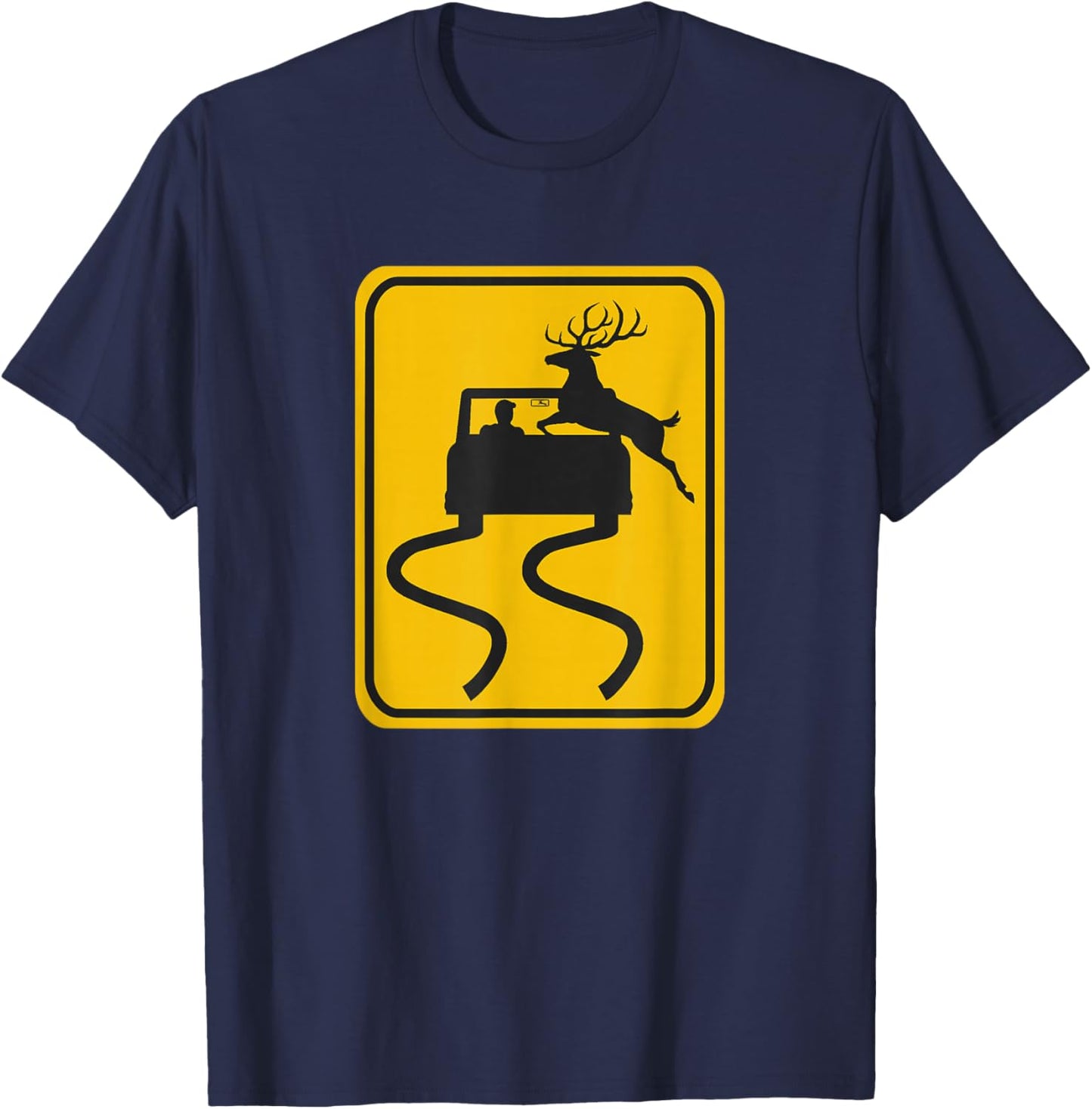 Swerving Car Meets Deer Crossing Road Sign T-Shirt - T-Shirt | Navy