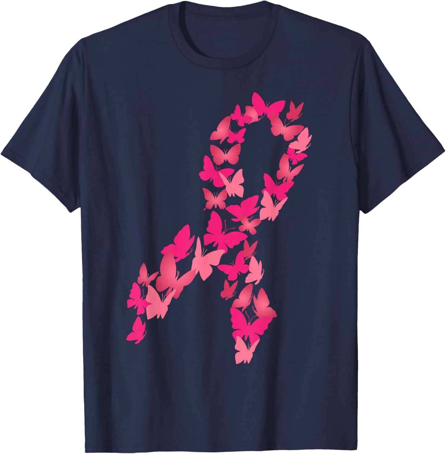 Pink Ribbon Butterfly Cute Breast Cancer Awareness Gift T-Shirt - T-Shirt | Navy