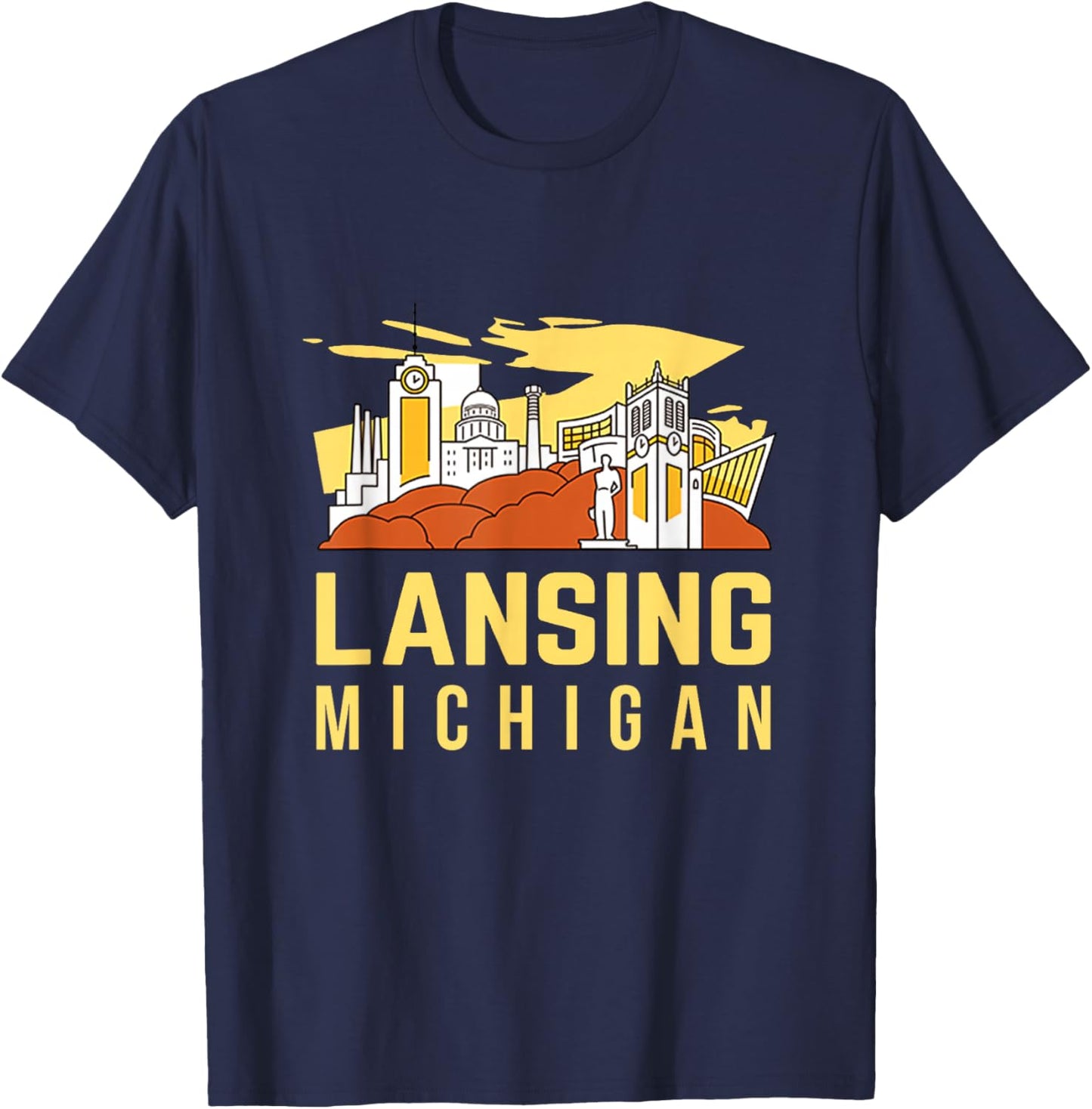 Lansing City Skyline And Landmarks Michigan Travel Souvenir T-Shirt - T-Shirt | Navy