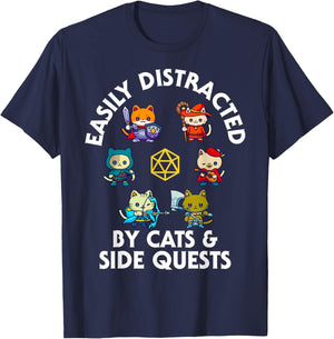 RPG Gamer Cats Side Quest Funny Nerd ADHD Cat Men Women Kids T-Shirt - T-Shirt | Navy