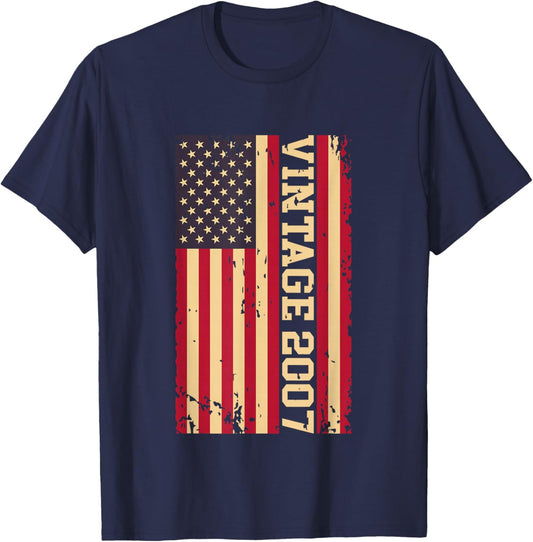 2007 Vintage Birthday Years Old American USA Flag T-Shirt - T-Shirt | Navy