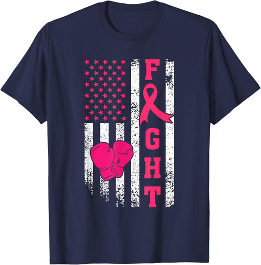 Fight Breast Cancer Survivor American Flag Cancer Awareness T-Shirt - T-Shirt | Navy