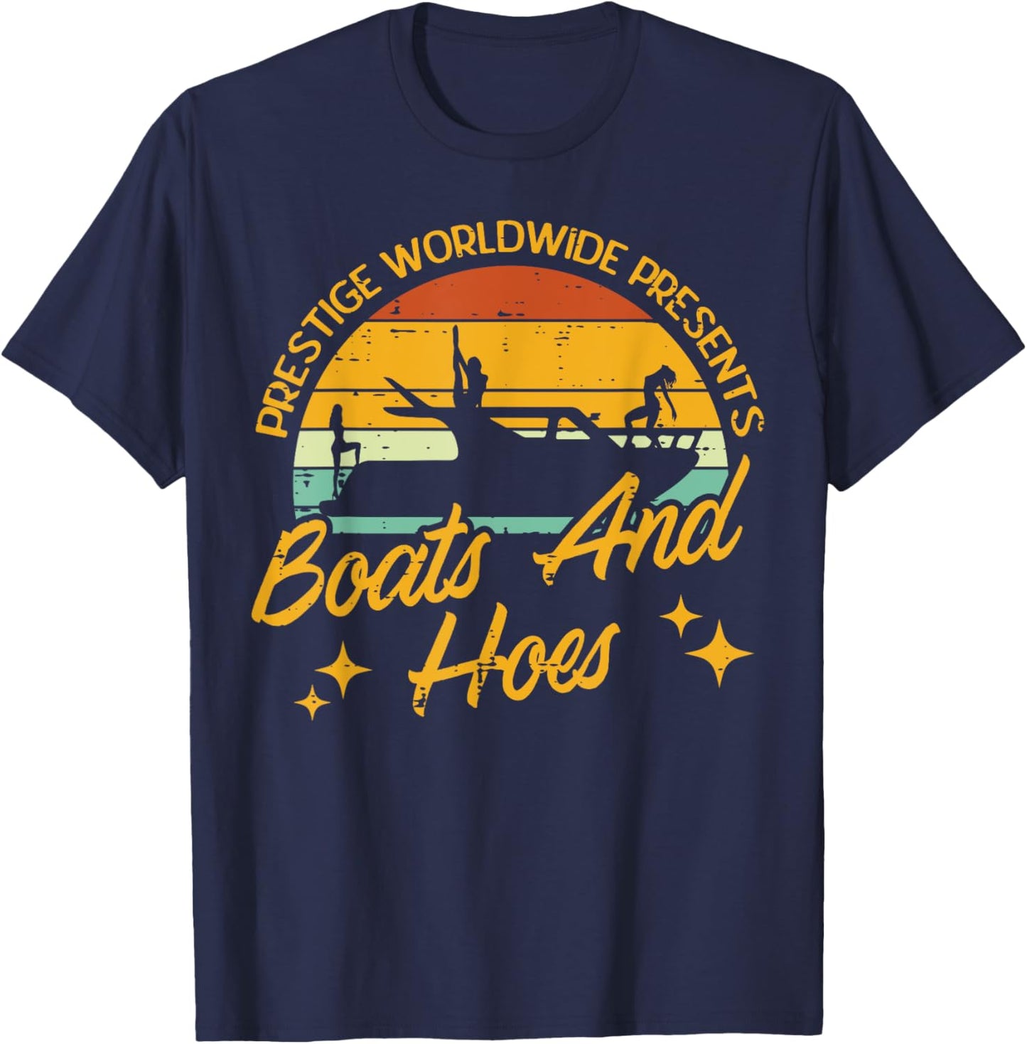 Boats And Hoes Sunset Retro Boating Humor Captain Boater Men T-Shirt - T-Shirt | Navy