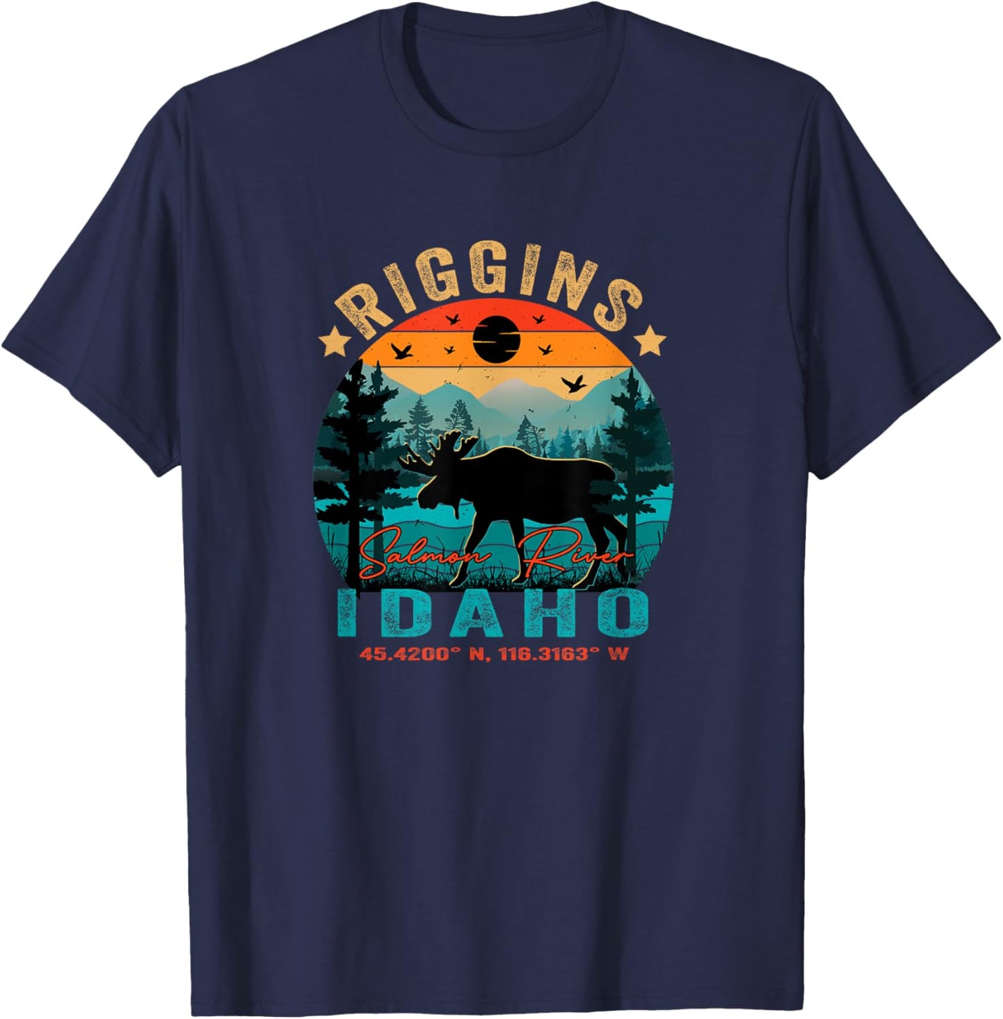Riggins Idaho ID Retro Sunset Vintage Moose Mountains T-Shirt - T-Shirt | Navy