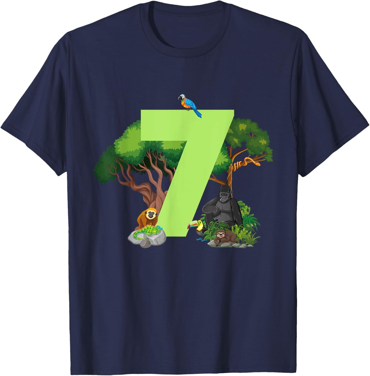 7th Birthday Jungle Animals Safari Rainforest 7 Year Old T-Shirt - T-Shirt | Navy