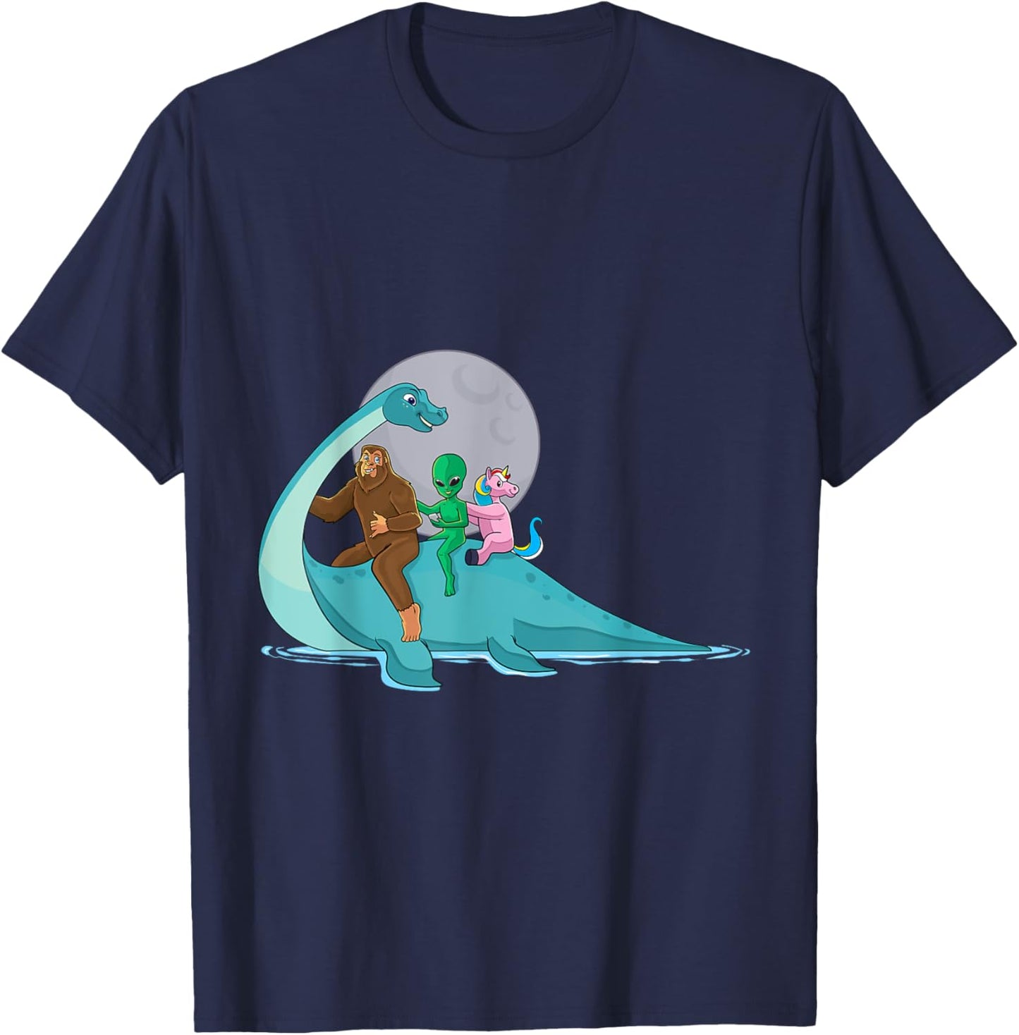 Alien Bigfoot Unicorn Riding Loch Ness Monster Cryptozoology T-Shirt - T-Shirt | Navy