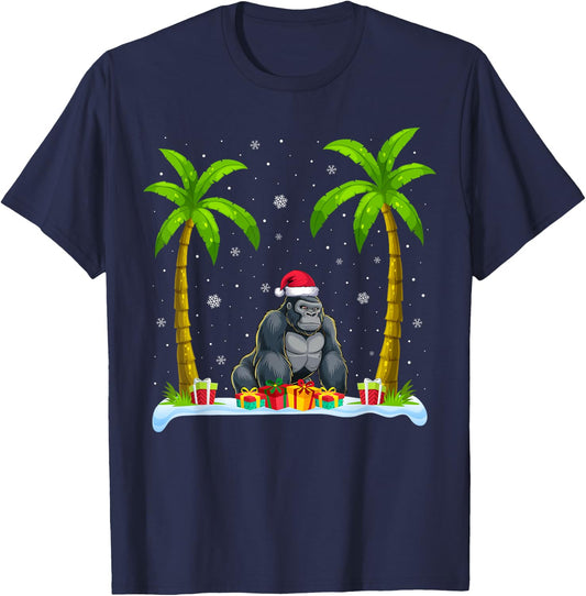 Gorilla Santa Hat Palm Tree Beach Xmas Pajama T-Shirt - T-Shirt | Navy