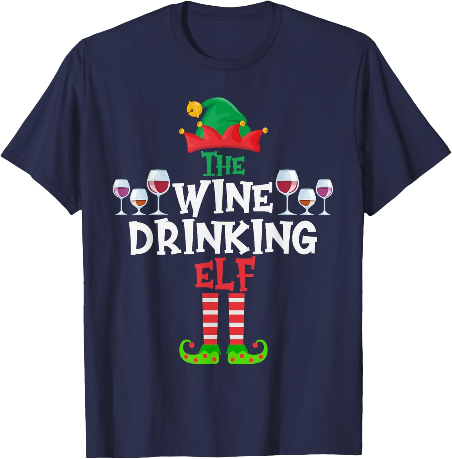 The Wine Drinking Elf, Funny Matching Family Group Christmas T-Shirt - T-Shirt | Navy