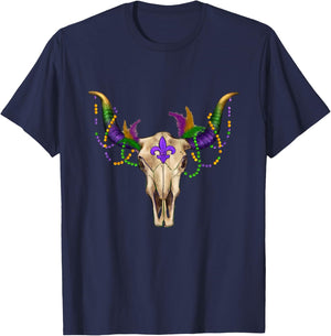 Mardi Gras Cow Bull Skull Mardi Gras Farm Animal Cow Lover T-Shirt - T-Shirt | Navy