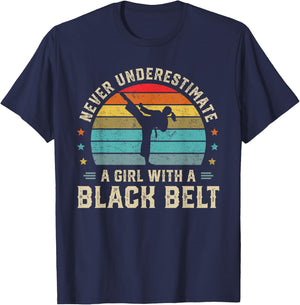 Never Underestimate Girl with a Black Belt Karate Jiu Jitsu T-Shirt - T-Shirt | Navy