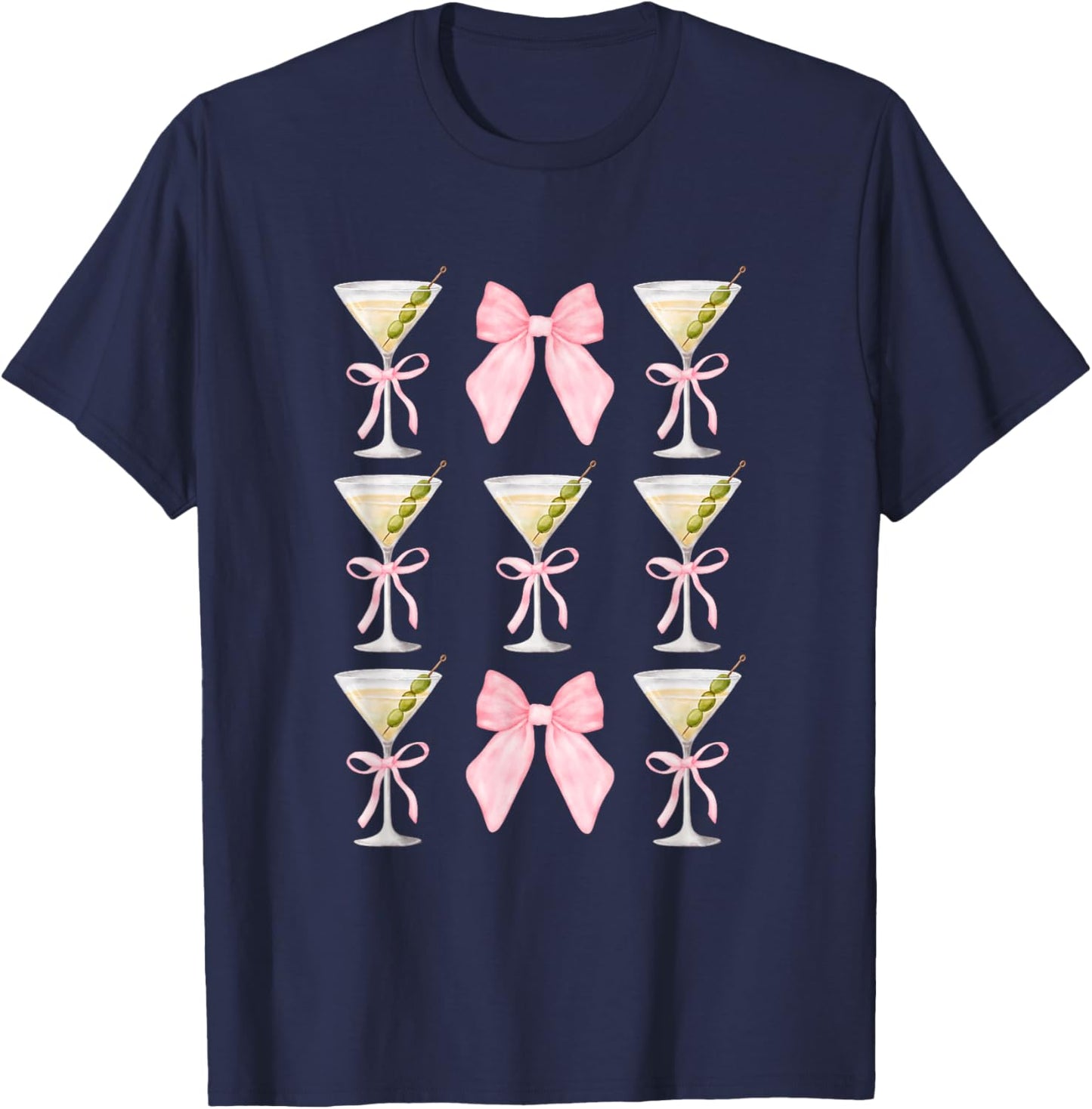 Coquette Pink Bow Martini Time Drinking Vintage Cocktails T-Shirt - T-Shirt | Navy