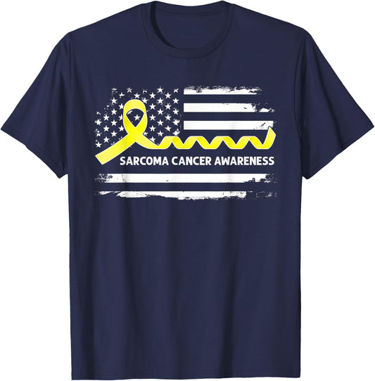 Sarcoma Cancer Awareness American Flag - Yellow Ribbon T-Shirt - T-Shirt | Navy