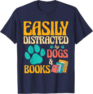 Vintage Library Easily Distracted by Books and Dogs T-Shirt - T-Shirt | Navy
