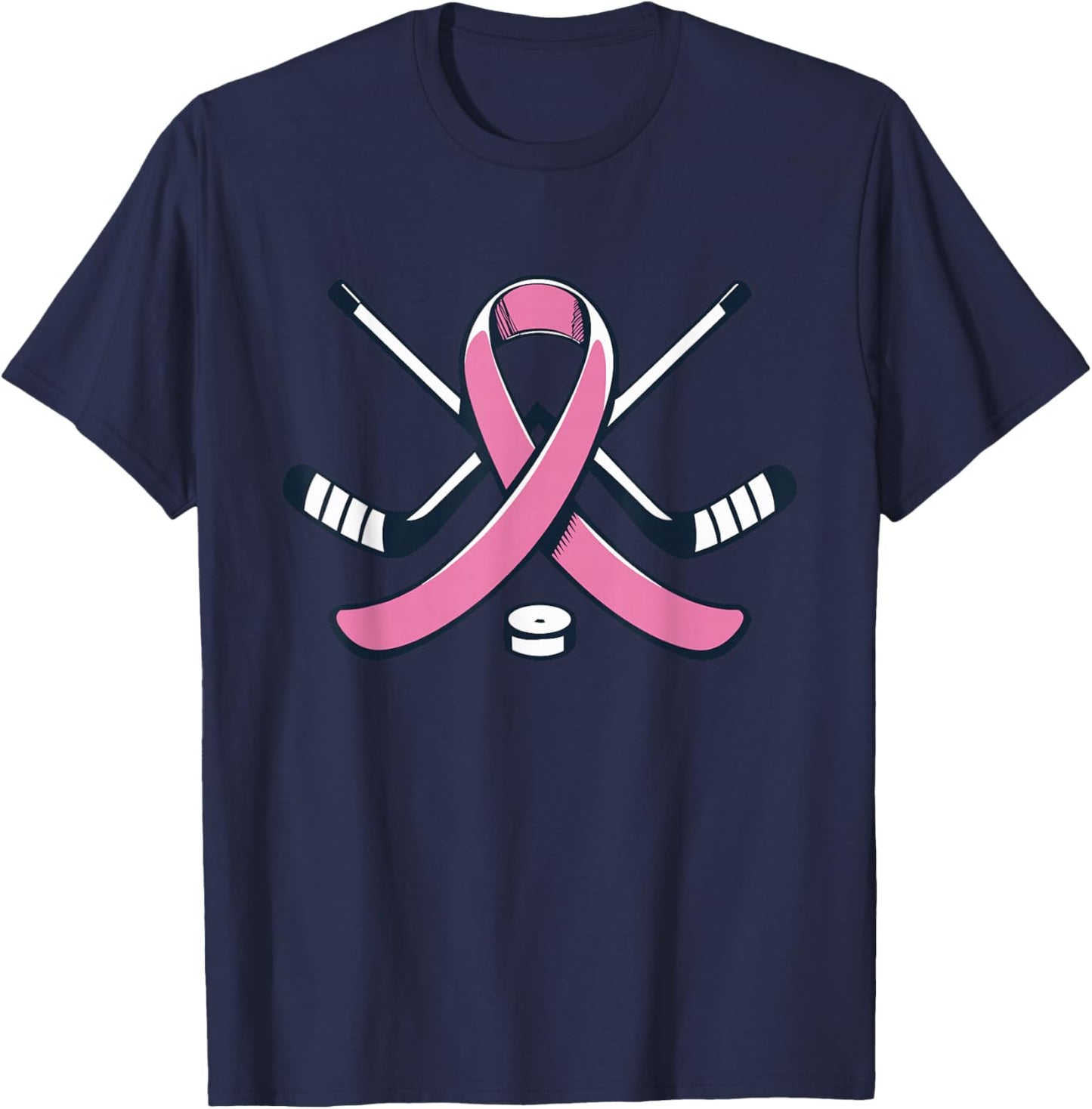 Ice Hockey Pink Ribbon Breast Cancer Awareness Sport Lover T-Shirt - T-Shirt | Navy