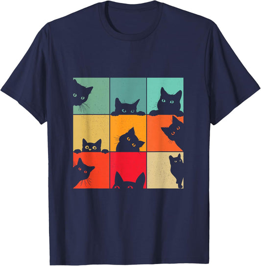 Funny Retro Vintage Curious Black Cat For Cats Lover T-Shirt - T-Shirt | Navy