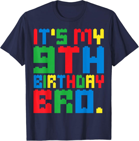 It's My 9th Birthday Bro Block Building 9 Years Old Boys Kid T-Shirt - T-Shirt | Navy