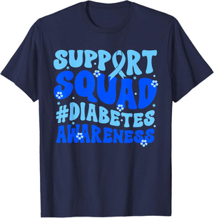 Groovy Support Squad Blue Ribbon Diabetes Awareness Month T-Shirt - T-Shirt | Navy