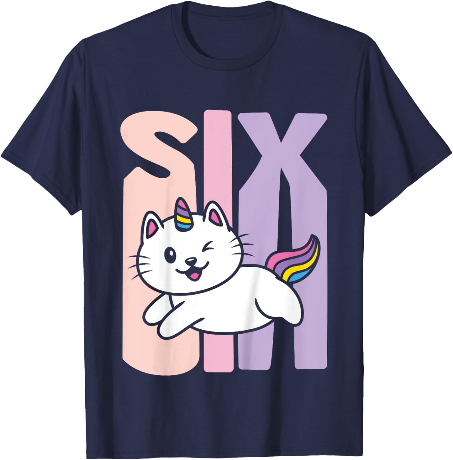 Kids 6 Year Old Cute Caticorn Cat Unicorn Birthday Girl B-day T-Shirt - T-Shirt | Navy