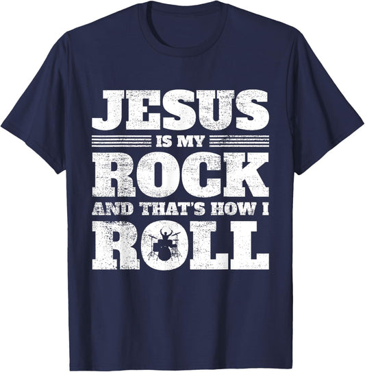 Christian Drumming - Jesus Rock & Roll - Christian Drummer T-Shirt - T-Shirt | Navy