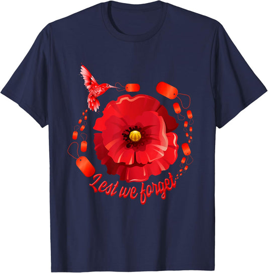 Veterans Day Lest We Forget Red Poppy Flower USA Memorial T-Shirt - T-Shirt | Navy