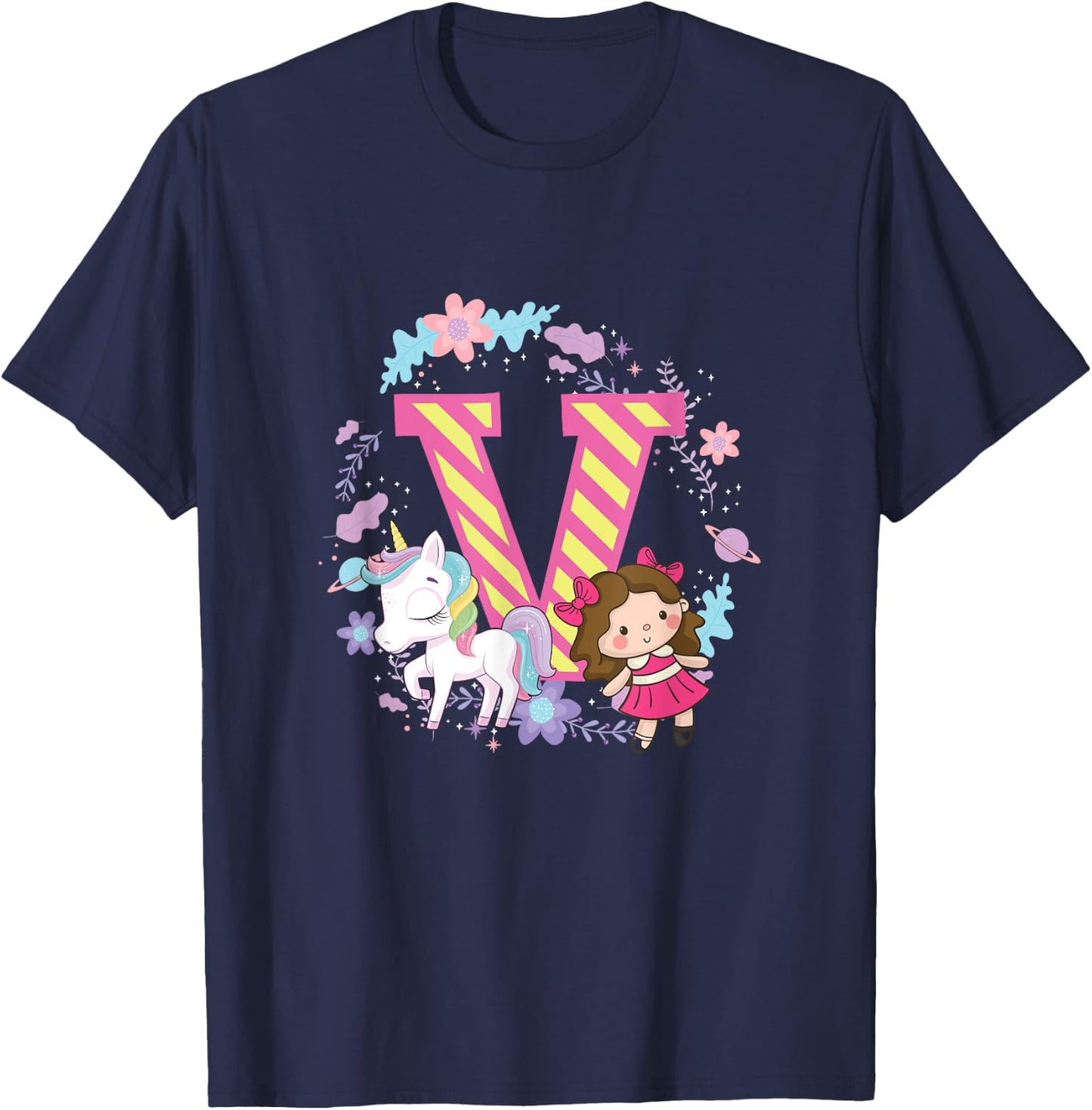 Letter V Sign Alphabet Last Name Consonants Unicorn Gift T-Shirt - T-Shirt | Navy