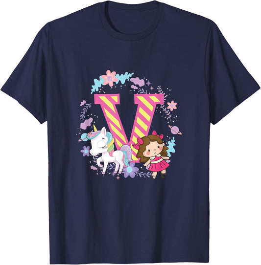 Letter V Sign Alphabet Last Name Consonants Unicorn Gift T-Shirt - T-Shirt | Navy