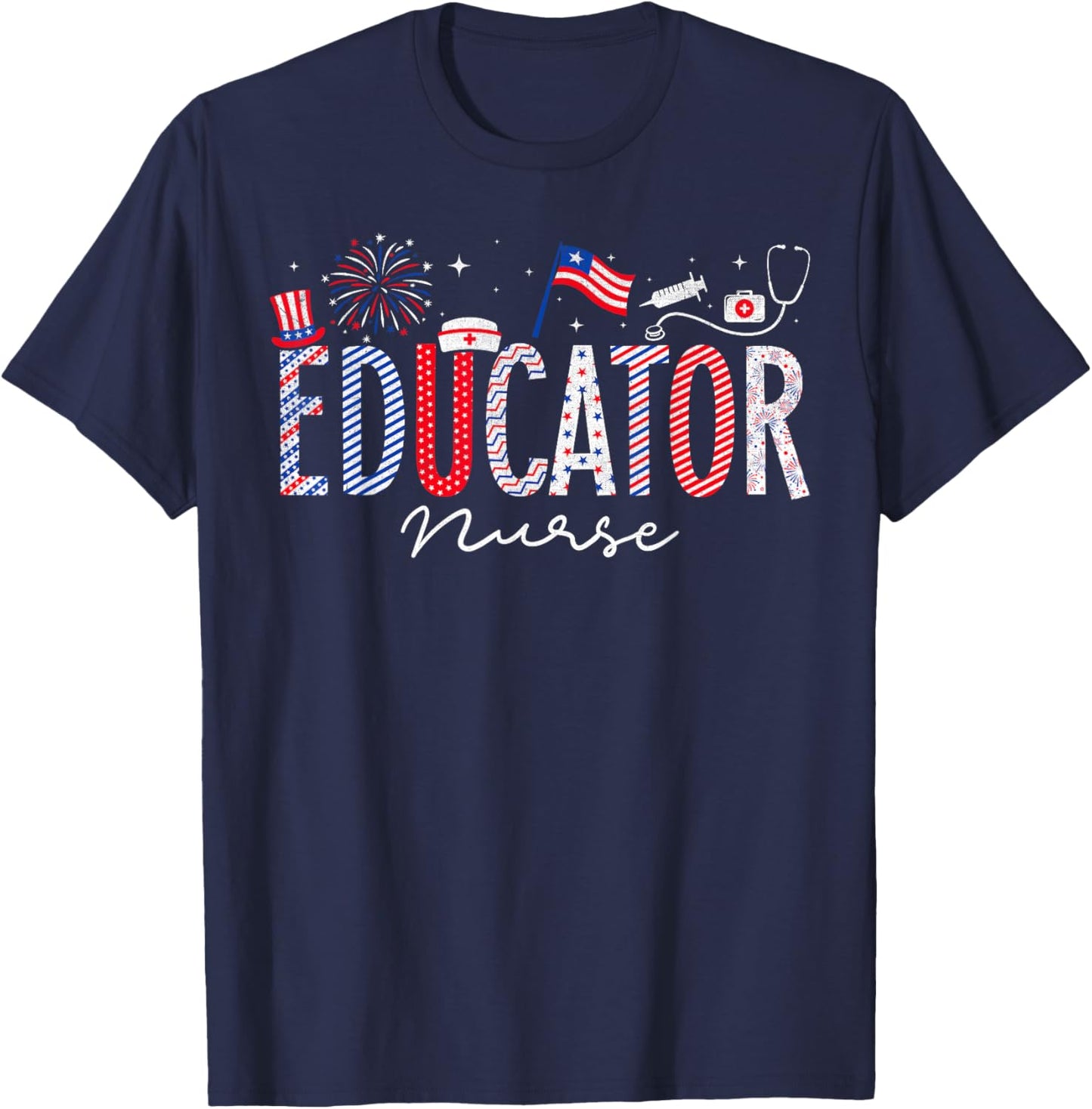 4th Of July Educator Nurse Scrub Tops Patriotic Nurses Men T-Shirt - T-Shirt | Navy