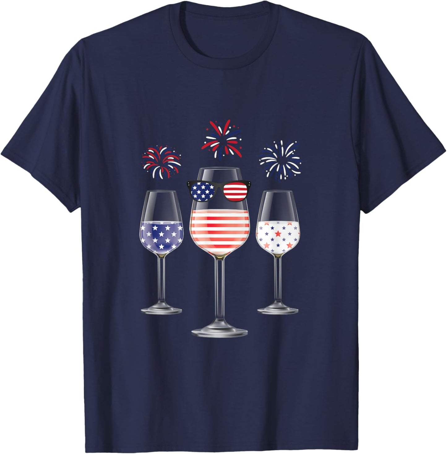 Red White Blue Wine Glasses American Flag Happy 4th of July Men T-Shirt - T-Shirt | Navy