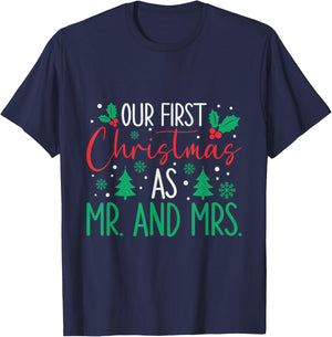 Cute Our First Christmas As Mr & Mrs 2025 Couples Pajamas T-Shirt - T-Shirt | Navy