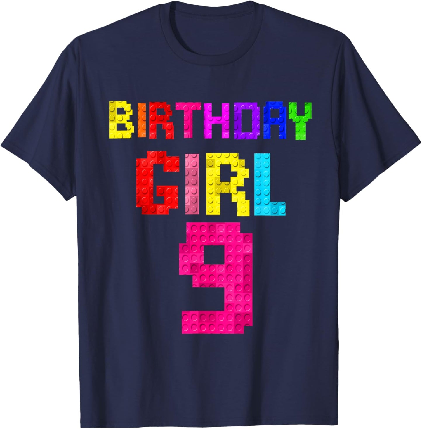 Kids 9th Birthday Girl 9 Years Old Building Blocks Builder T-Shirt - T-Shirt | Navy