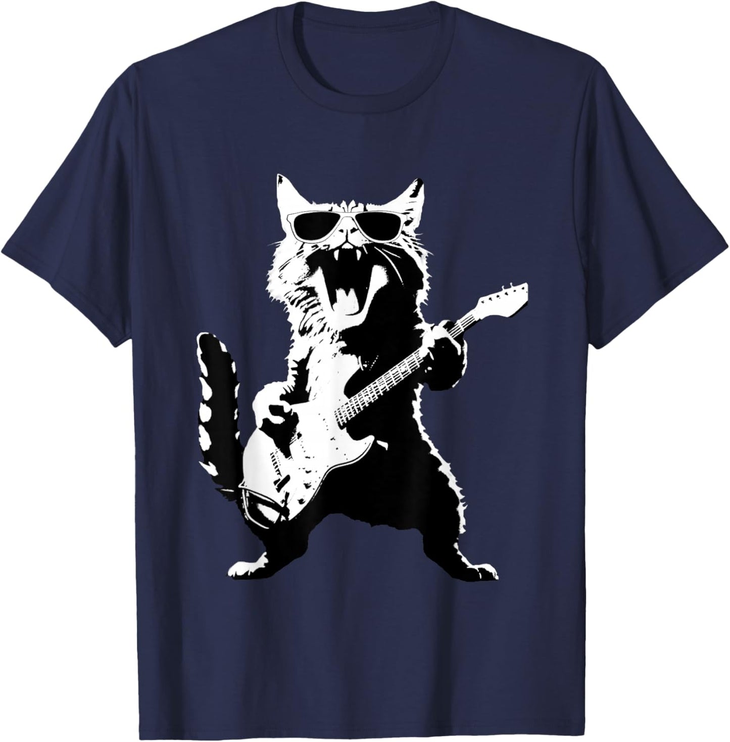 Black Cat Playing Guitar T-Shirt - T-Shirt | Navy