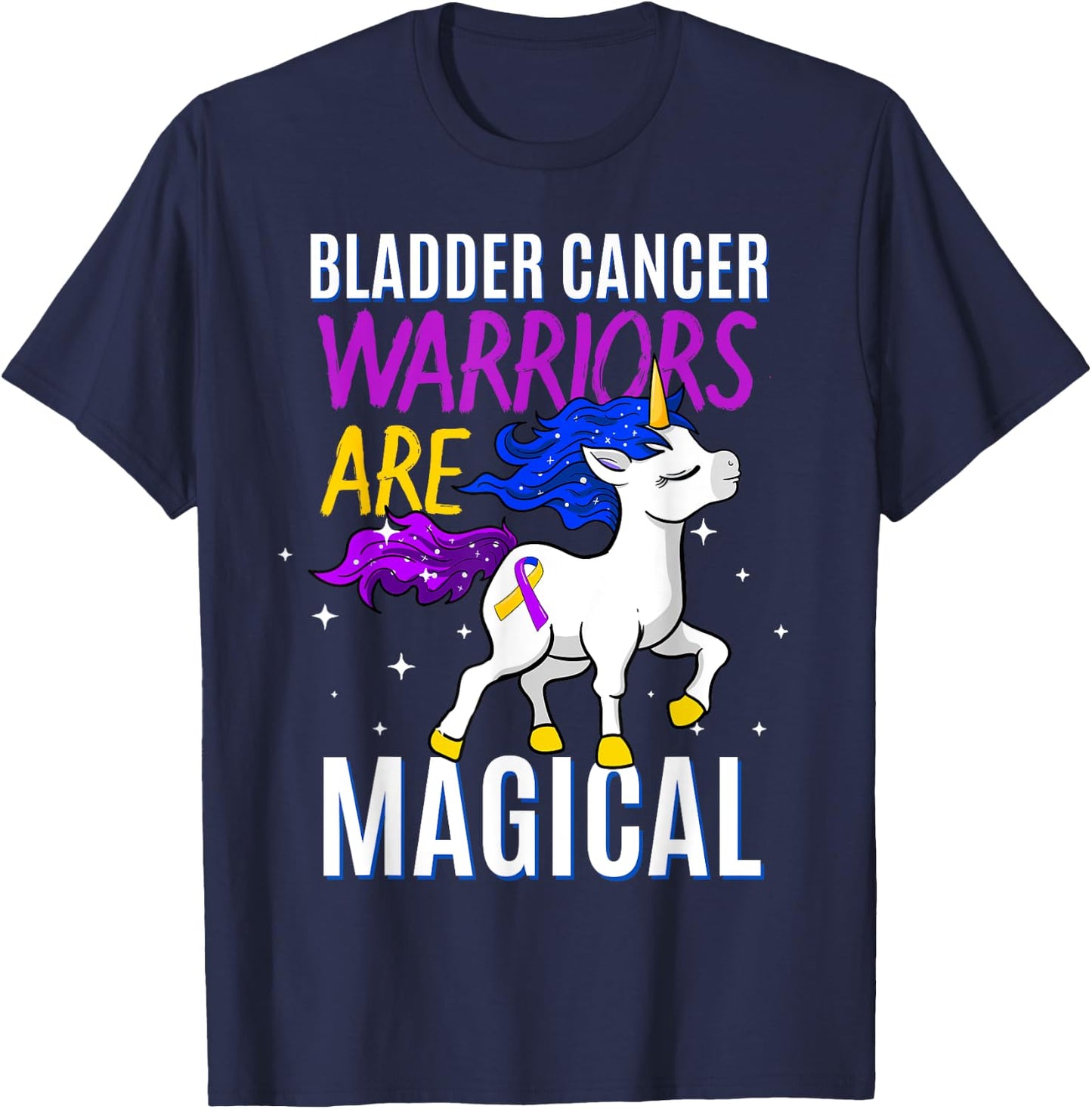 Bladder Cancer Magical Unicorn Purple Blue Yellow Ribbon T-Shirt - T-Shirt | Navy