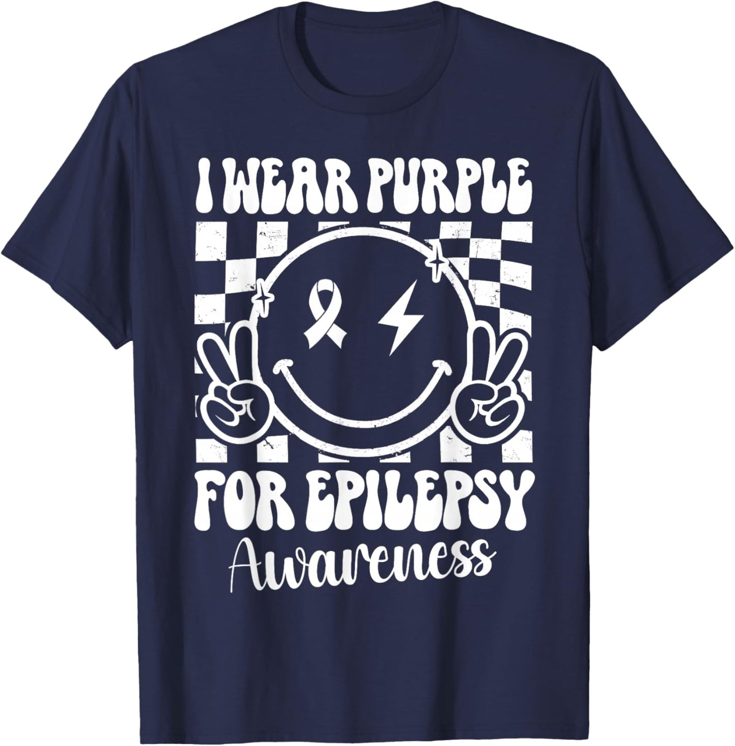 I Wear Purple For Epilepsy Awareness Smile Face Epilepsy T-Shirt - T-Shirt | Navy