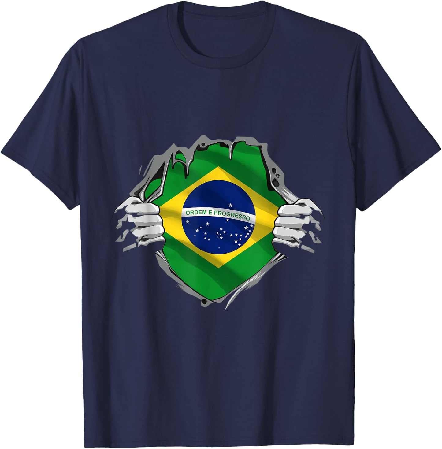 Superhero Brazil Flag Brazilian Hands Opening Shirt Chest T-Shirt - T-Shirt | Navy