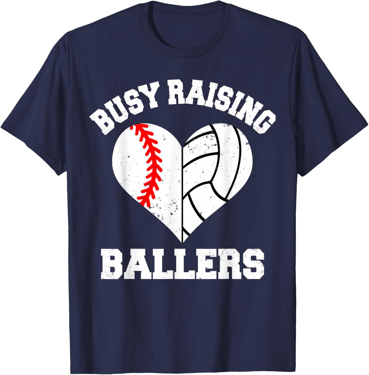 Busy Raising Ballers Baseball Volleyball Heart Mom Game Day T-Shirt - T-Shirt | Navy