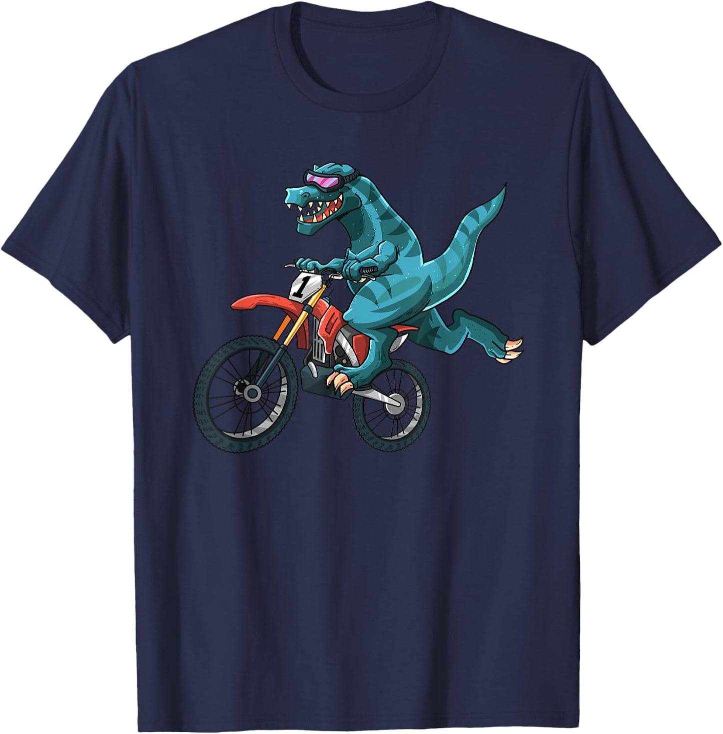 Funny Dino On Dirt Bike T-Rex Lover Rider Motorcycle Riding T-Shirt - T-Shirt | Navy