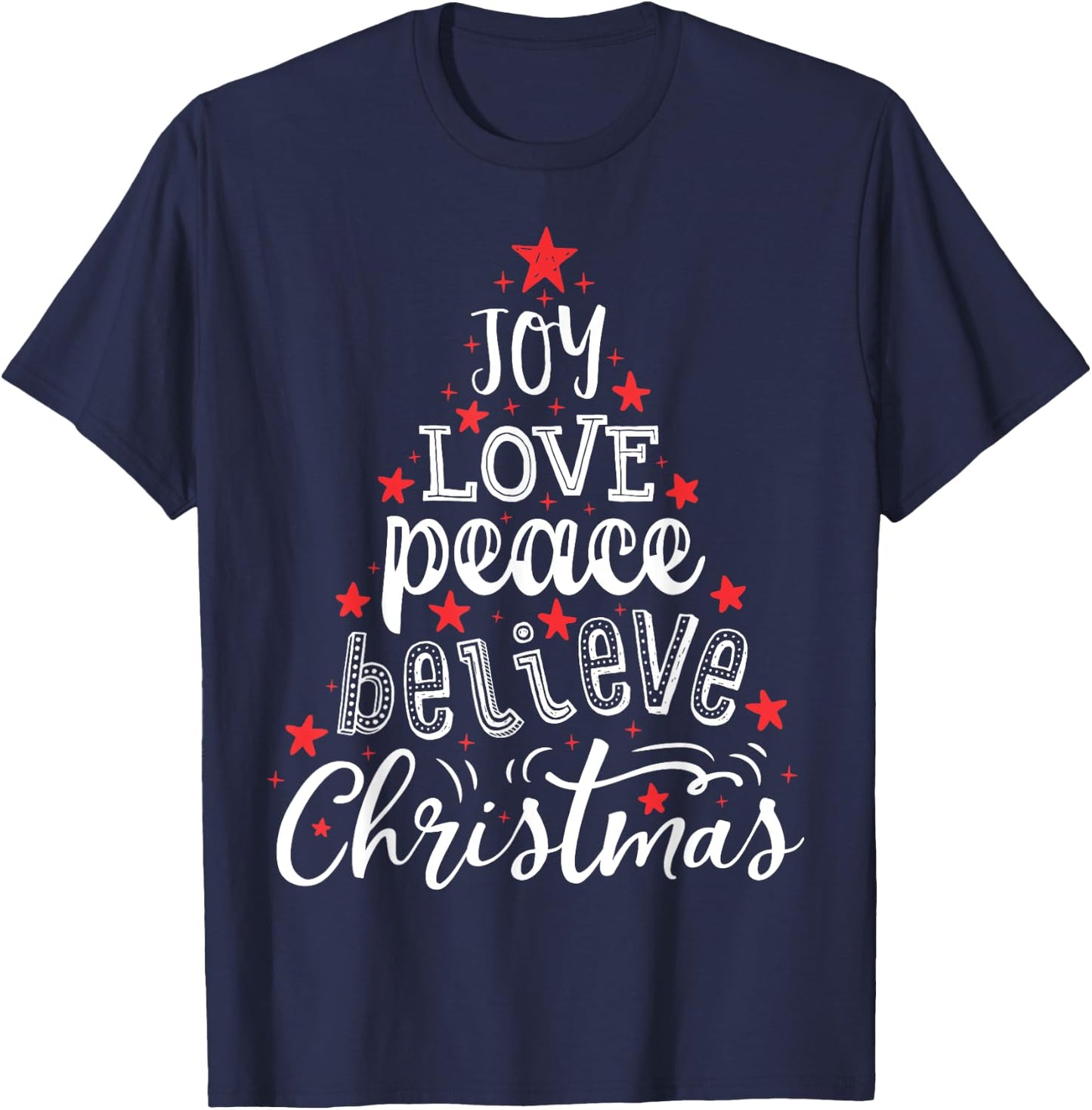 Joy Love Peace Believe Christmas Boys Kids Girls Xmas Tree T-Shirt - T-Shirt | Navy