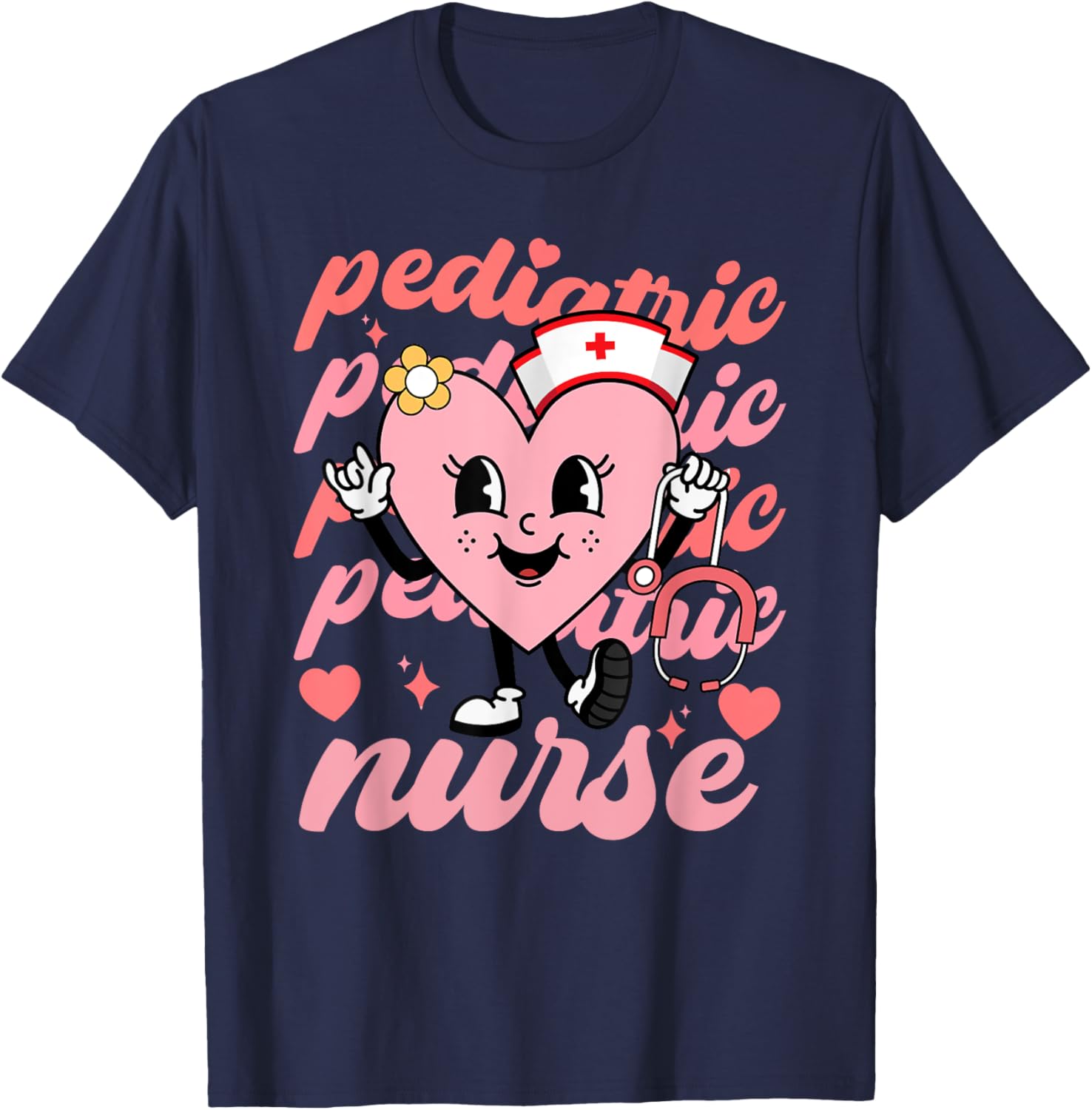 Retro Pediatric Nurse Cute Valentines Day Hearts Stethoscope T-Shirt - T-Shirt | Navy