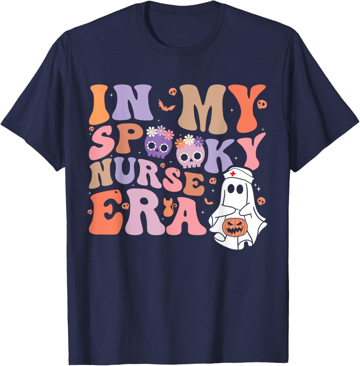 Retro Groovy Halloween In My Spooky Nurse Era Scary RN T-Shirt - T-Shirt | Navy