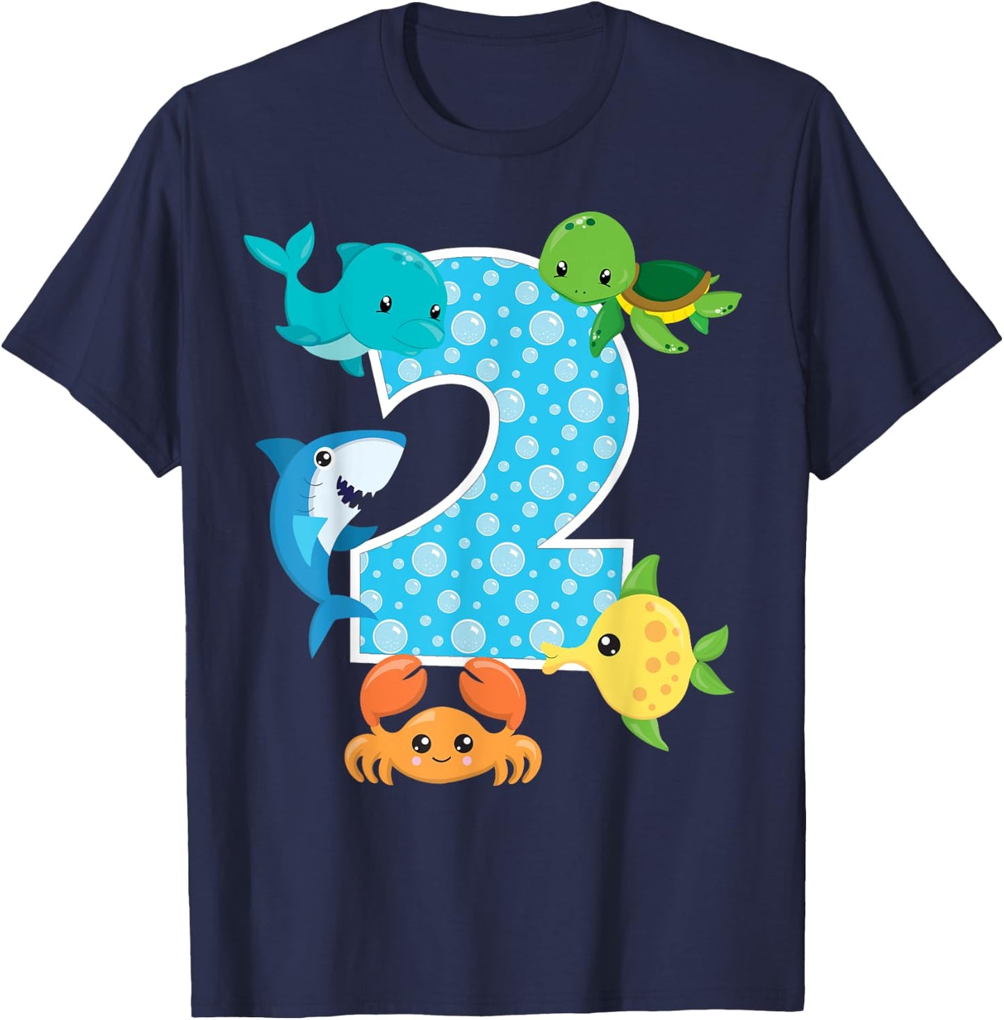 2nd Birthday Party 2 Year Old Sea Fish Aquarium Birthday Boy T-Shirt - T-Shirt | Navy