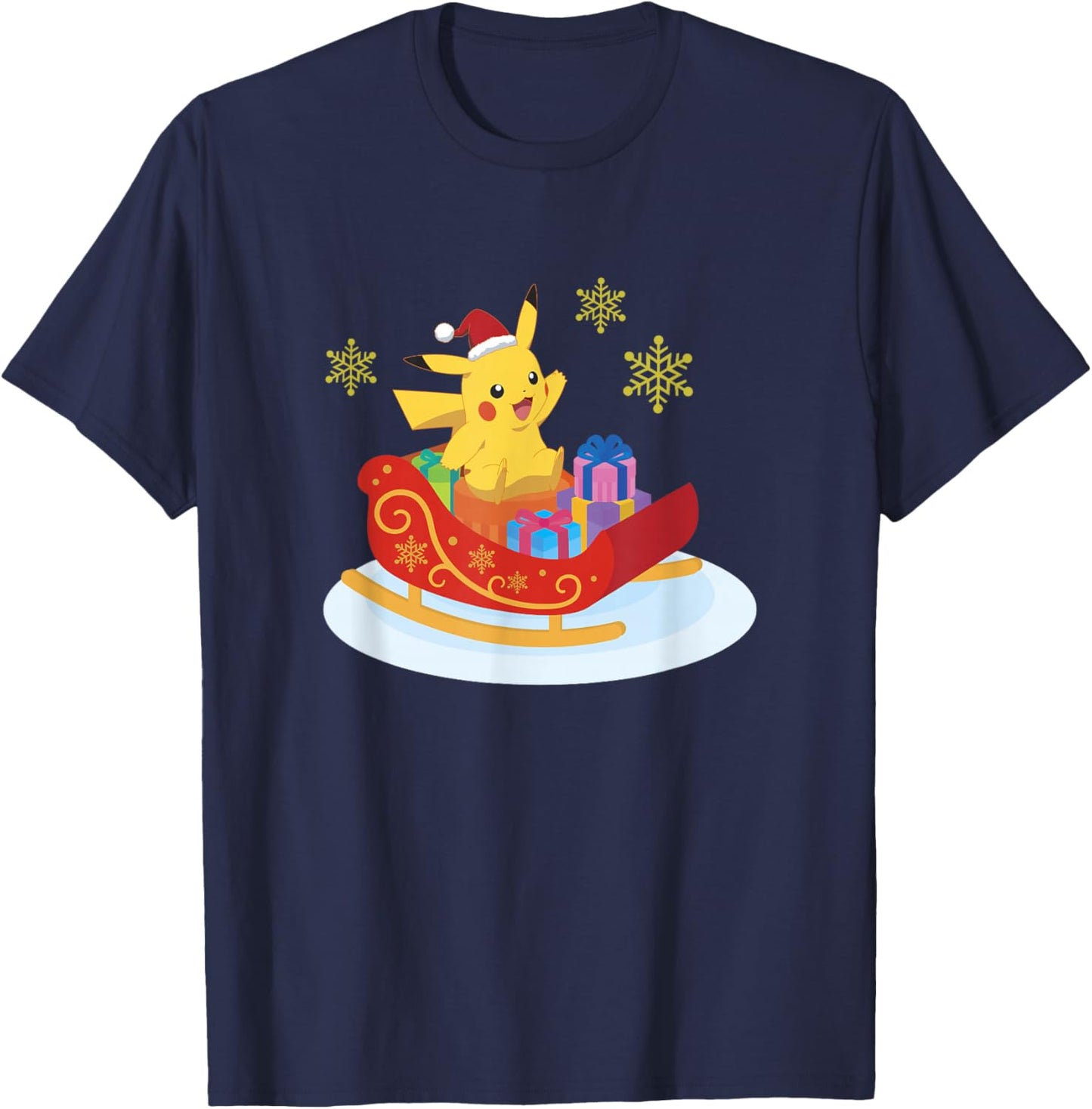 Pokémon Christmas Pikachu Sleigh Ride Snowflake Portrait T-Shirt - T-Shirt | Navy