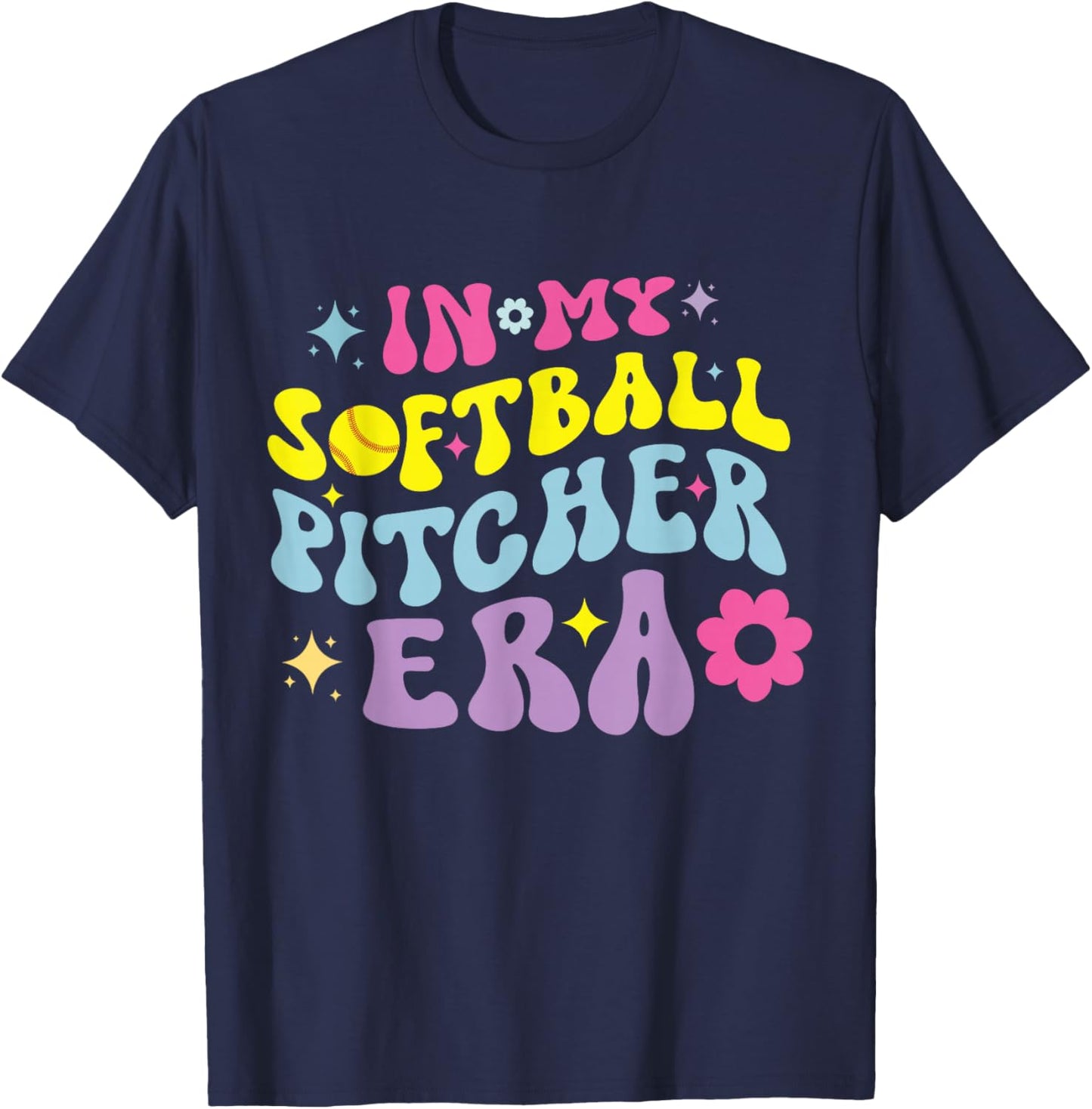 In My Softball Pitcher Era Groovy Fastpitch Girls Game T-Shirt - T-Shirt | Navy