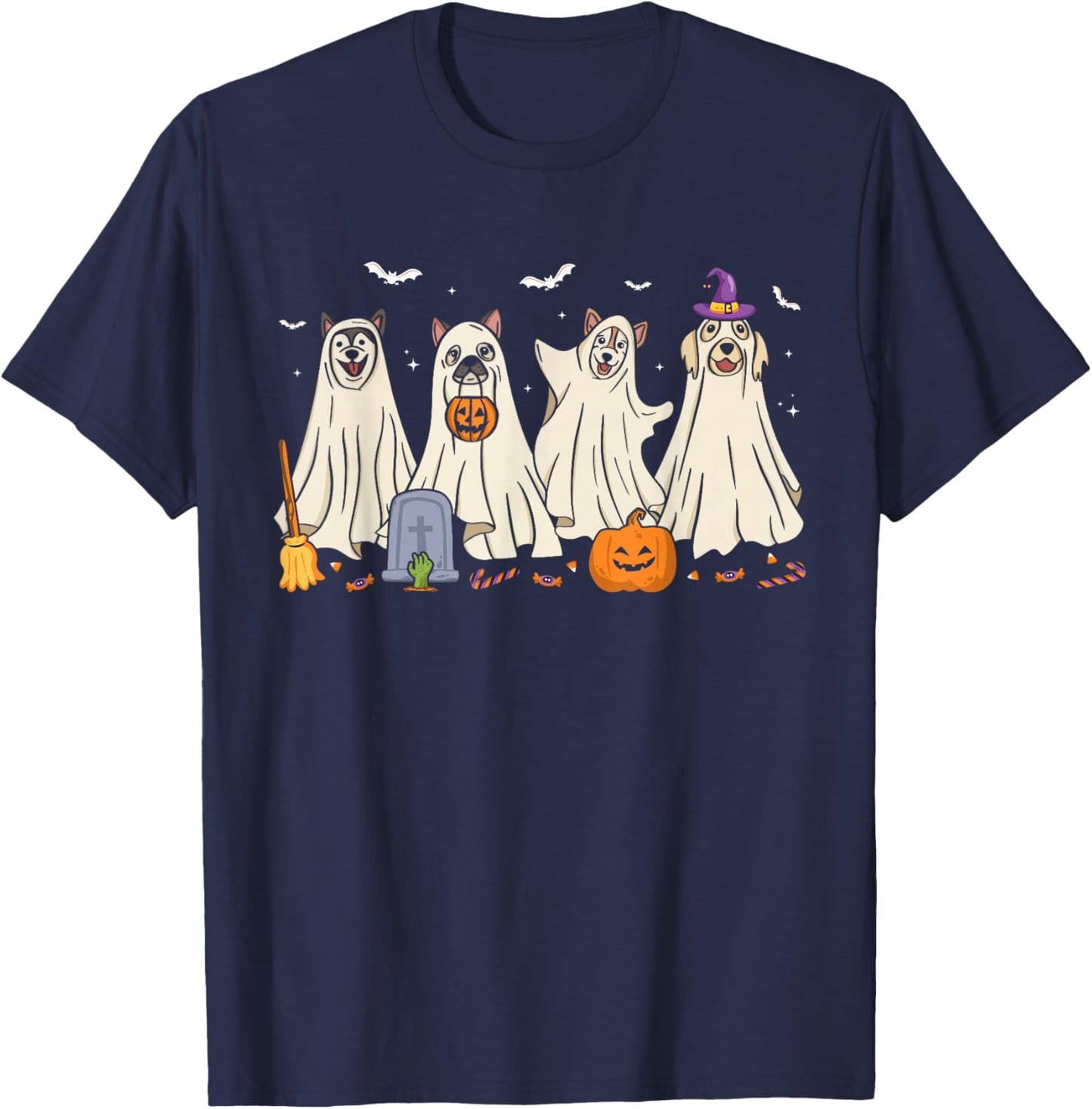 Ghost Dog Halloween Boo Ghosts Dogs Wearing Ghost Costume T-Shirt - T-Shirt | Navy