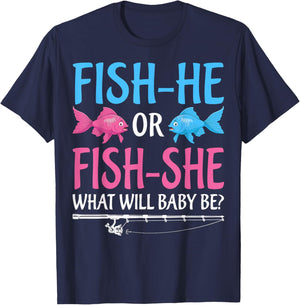Fish-He Or Fish-She Gender Reveal Baby Shower Party Fishing T-Shirt - T-Shirt | Navy