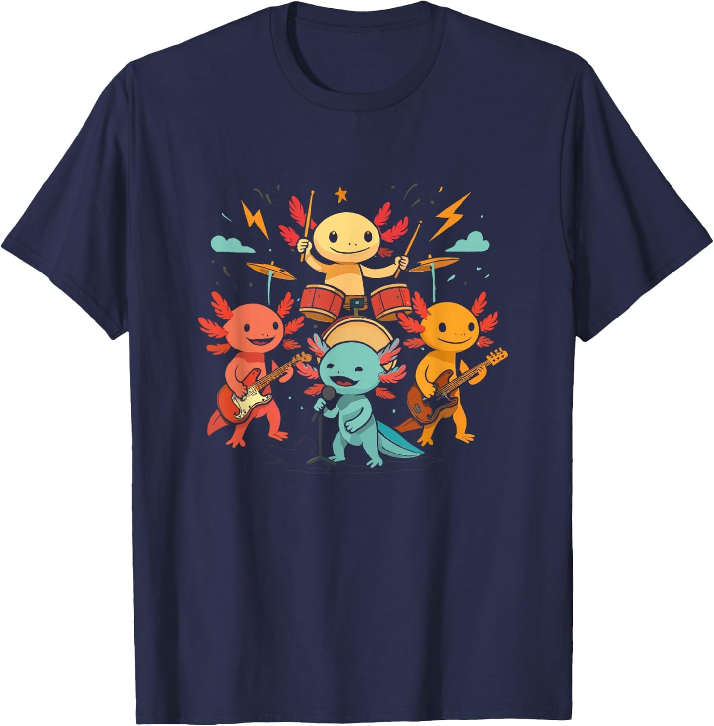 Cute Axolotl Rock Band Playing Drums Guitar Singing Graphic T-Shirt - T-Shirt | Navy
