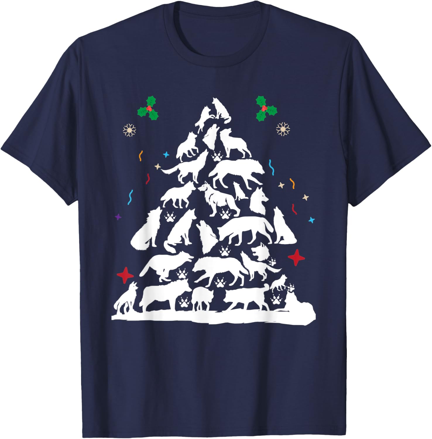 Wolf Christmas Tree Funny Christmas Pajama Animals Lover T-Shirt - T-Shirt | Navy