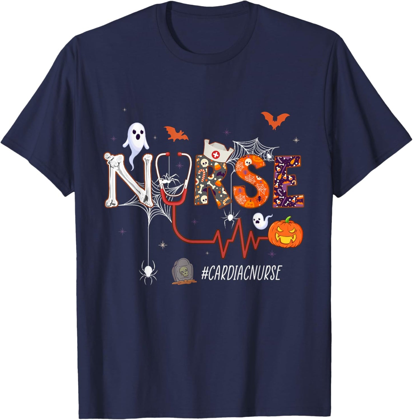 Cardiac Nurse Pumpkin Halloween Nursing T-Shirt - T-Shirt | Navy