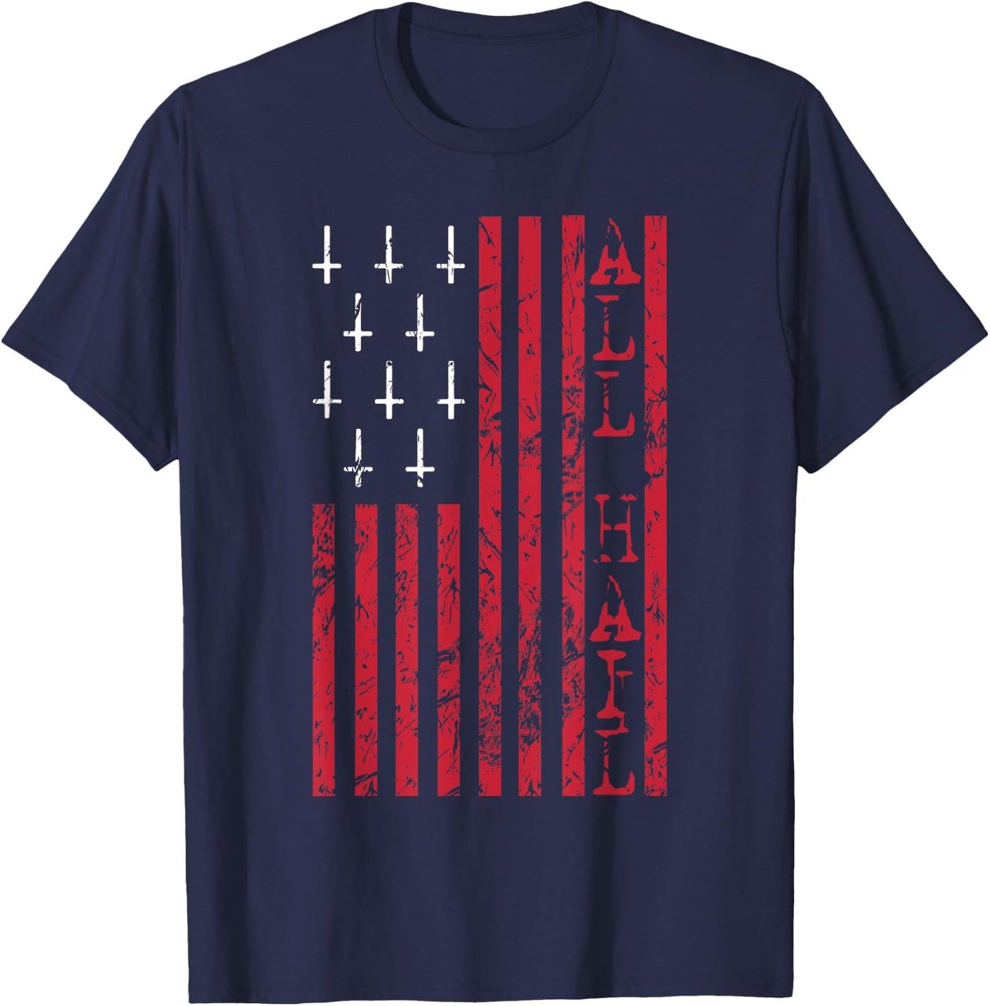 Upside Down Cross Occult American Flag All Hail Satanic T-Shirt - T-Shirt | Navy