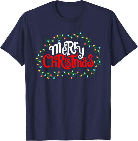 Merry Christmas Lights Xmas Family Men Women Kids T-Shirt - T-Shirt | Navy