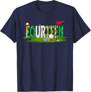 14th Birthday Golf Theme 14 Year Old Kids Sport Party T-Shirt - T-Shirt | Navy